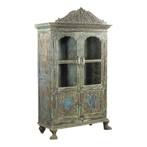 Antique Anglo-Indian Carved and Painted Teakwood Armoire/Bookcase