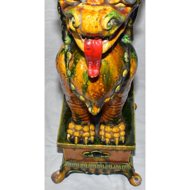 Vintage Mid 20th Century Ricci Italian Majolica Chinese Guardian Lion Statue Large Ceramic Foo Dog Sculpture Signed For Sale - Image 9 of 13