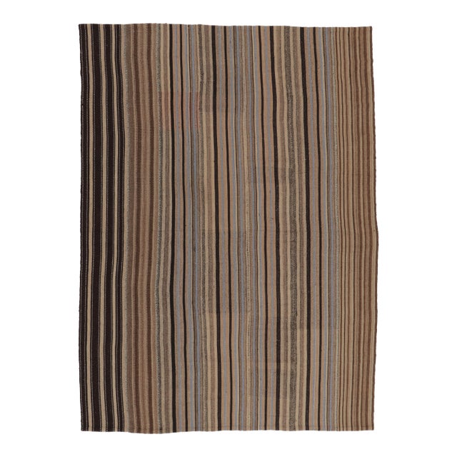 Vintage Persian Kilim, Beige-Brown Stripes and Light Blue Accents - Rug & Kilim For Sale