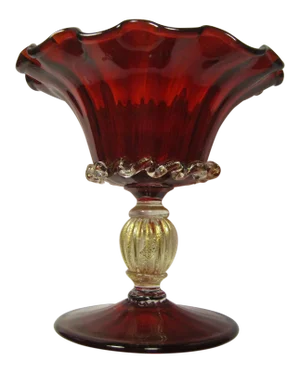 Hand Blown Venetian Ruby Red Fluted Edged Pedestal Bowl