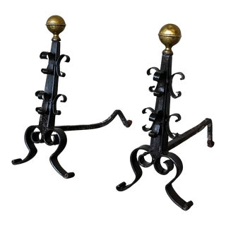 19th French Wrought Iron Firedogs or Andirons For Sale