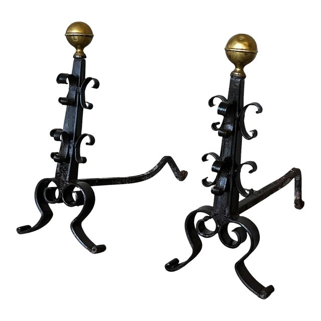 19th French Wrought Iron Firedogs or Andirons For Sale