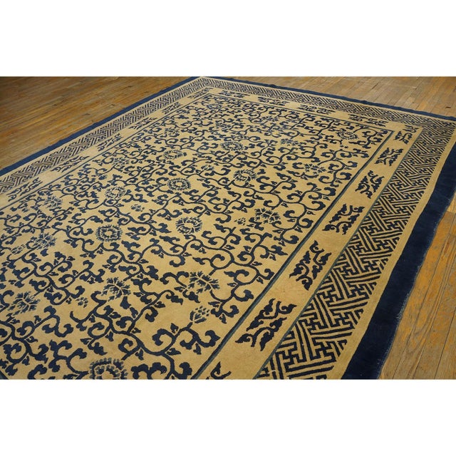 Late 19th Century 1870s Tan Camel Foliate Greek Key Antique Chinese Peking Wool Rug 8' 10" X11' 6" For Sale - Image 5 of 9