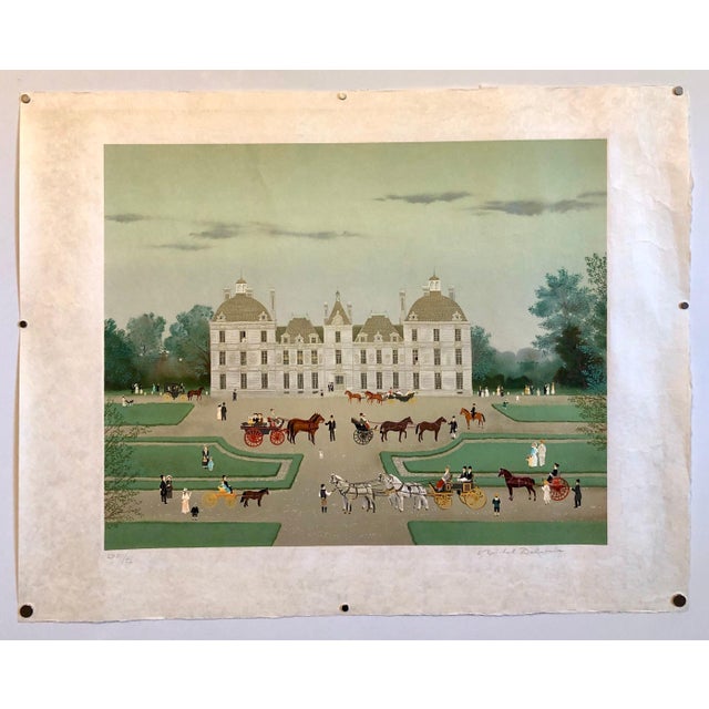 Folk Art Michel Delacroix, Hand signed Folk Art Naive lithograph on Japon Paper Paris French Country Scene For Sale - Image 3 of 11