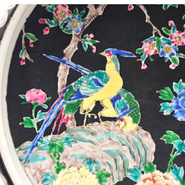 Ceramic Nippon-Style Moriage 11-Inch Black-Ground Bowl With Birds and Peonies For Sale - Image 7 of 17