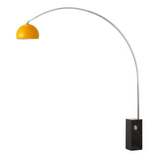 Nova of Mid Century Iconic Half Dome Floor Lamp - 95" Modern Arc Lamp, Mustard Steel Shade, Black Marble Base, Satin Nickel Body For Sale