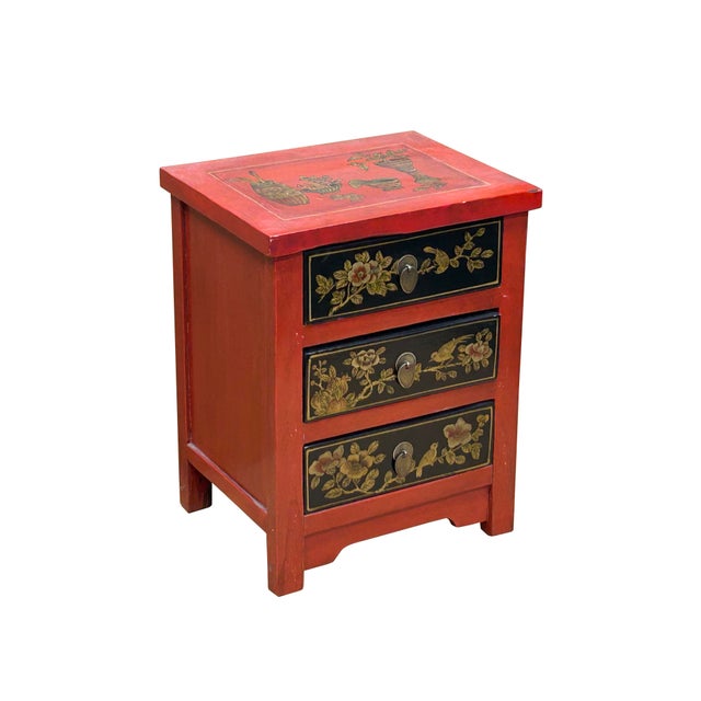 Asian Distressed Red Black 3 Drawers Golden Graphic End Table Nightstand For Sale - Image 3 of 9