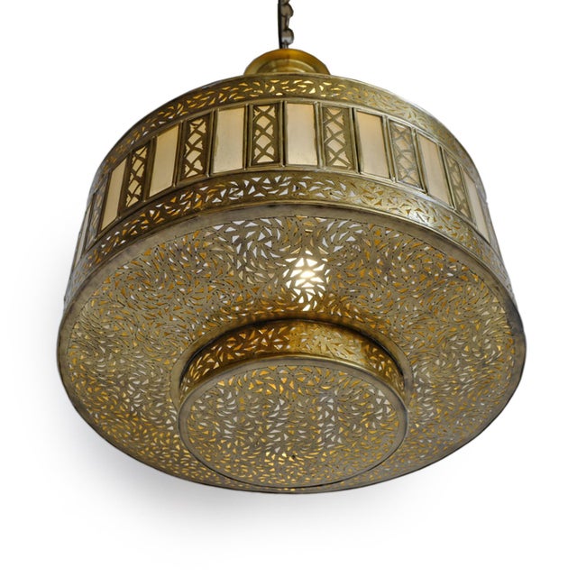 Indian Vintage Brass & Frosted Glass Striped Pendant Light Small For Sale - Image 3 of 6
