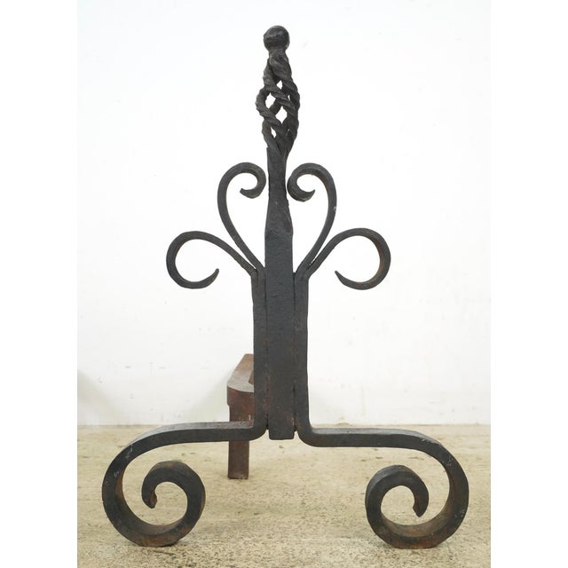 Pair of Antique French Wrought Iron Andirons For Sale - Image 4 of 9