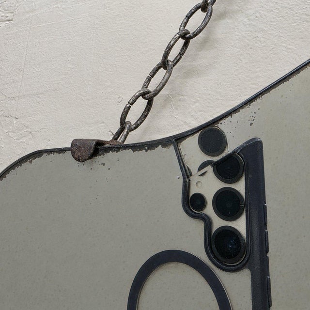 Art Deco Beveled Wall Mirror Chain Hung Foxed Glass Silver Crest 22 Inch For Sale - Image 9 of 11