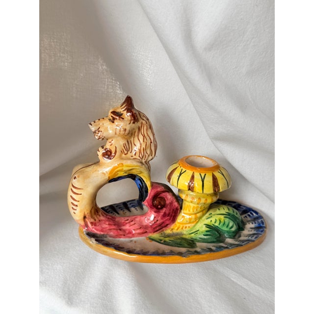 Gothic Vintage Mid-Century Modern, 1950s Italian Majolica Griffin Chambersticks, Hand-Painted Ceramic Pair For Sale - Image 3 of 16