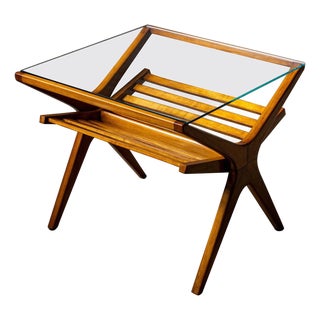 1950s Mid-Century Italian Side Table with Glass Top and Magazine Rack For Sale