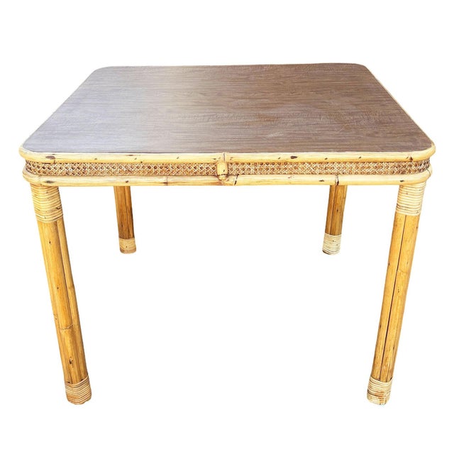 Mid-Century Modern 1950s Restored 4-Strand Legs Rattan Dinette Dining Table W/ Formica Top & Wicker Sides For Sale - Image 3 of 9