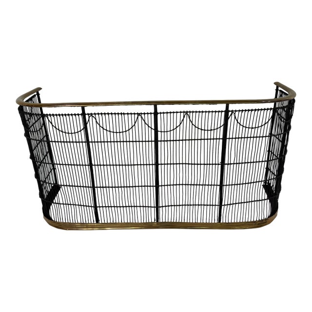 Vintage Hand-Forged Wrought Iron & Brass Fireplace Fender, Mid-Century English Style, 34” Wide For Sale