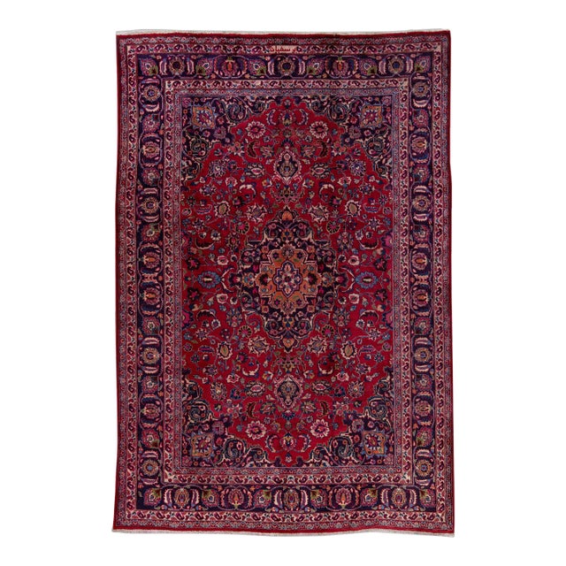 1960s Vintage Persian Mashad Handmade Red All-Over Wool Rug For Sale