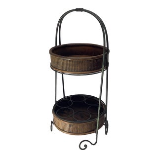 Vintage Wicker and Wrought Iron Table Top Bar Caddy Rack For Sale