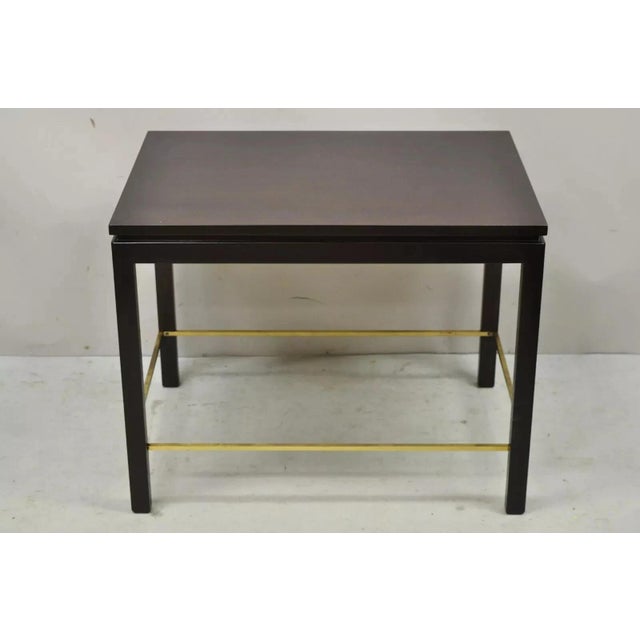 Vintage Edward Wormley for Dunbar Mahogany Mid Century Modern Brass Stretcher Side Table. Item features beautiful wood...