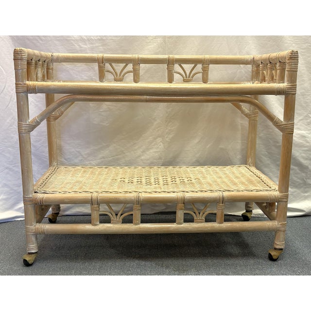 Ficks Reed Vintage Palm Beach Chic Ficks Reed Style Rattan and Glass Rolling Bar Cart For Sale - Image 4 of 14