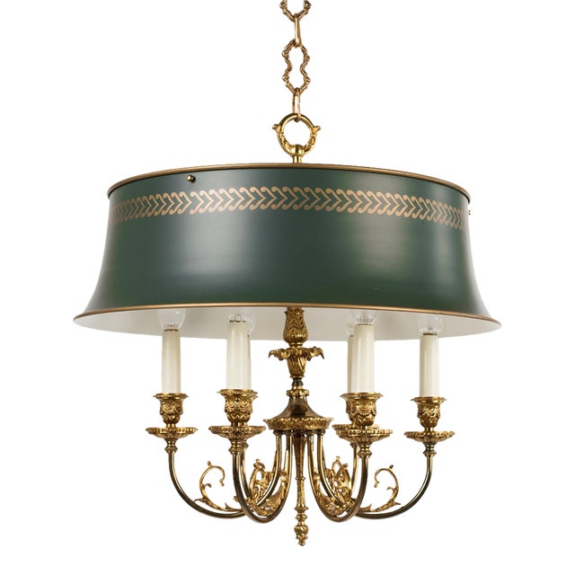 1960s Spanish Louis XVI Style Hunter Green Bouillotte 6-Light Chandelier For Sale