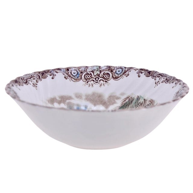 Large eight inch multi-color transfer ware Heritage Hall pattern bowl in brown, red and green made by Johnson Brothers,...