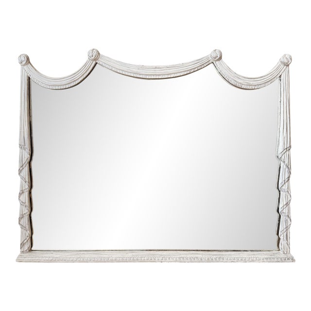 Faux Drapery Carved-Wood Overmantel Mirror For Sale