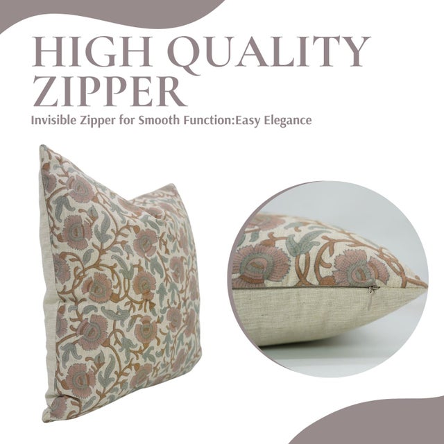 Fabdivine Handmade Block Print Linen Blend Throw Pillow Cover 22x22 – Vasundra Floral Design For Sale - Image 6 of 9