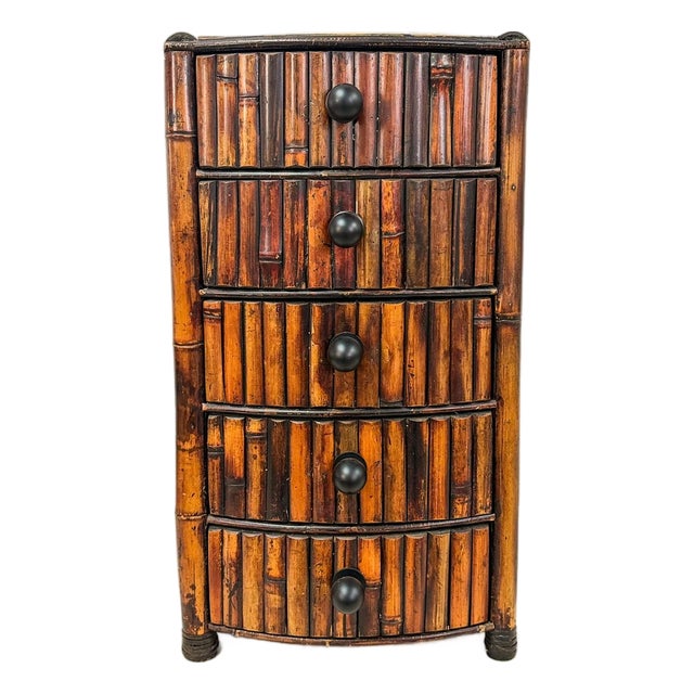 Vintage Burnt Bamboo 3 Drawer Chest Boho Storage Jewelry Cabinet MCM Decor For Sale