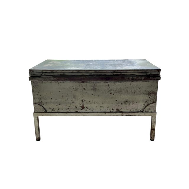 English Early 20th Century Industrial Metal Trunk Chest on Stand With Patina Finish For Sale - Image 3 of 18
