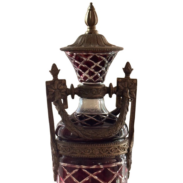 Tall Statement Antique Ruby Cut to Clear Crystal Lidded Urn With Second Empire Style Bronze Mounts For Sale In Raleigh - Image 6 of 18