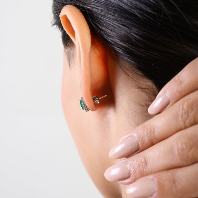 Metal 0.48 CTW Oval-Cut Emerald Halo Diamond Stud Earrings in Silver- 2 Pieces For Sale - Image 7 of 10