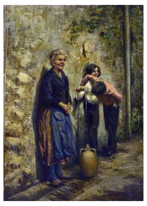 Marino Faliero, Rustic Scene at the Fountain, Oil on Canvas, 1990s, Framed