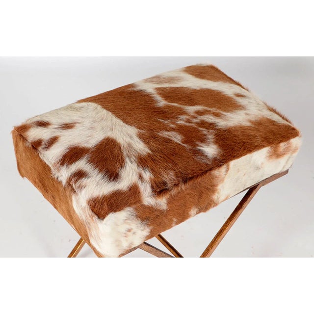 Modern Gilt-Iron Cowhide X-Frame Benches in the Jean Michel-Frank Manner - a Pair For Sale - Image 3 of 8