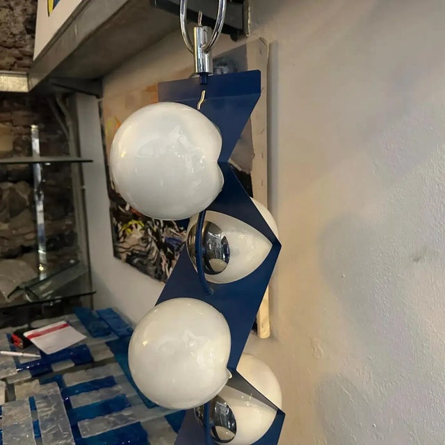 1970s Space Age Blue Metal and White Glass Italian Pendant For Sale - Image 11 of 11