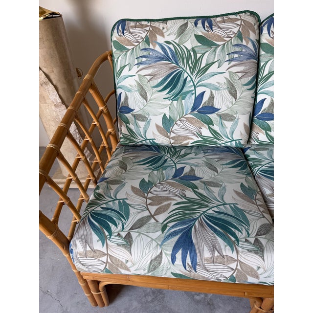 Vintage Ficks Reed Style Bamboo Rattan Sofa With Floral Print Upholstery/ Sold For Sale - Image 9 of 12
