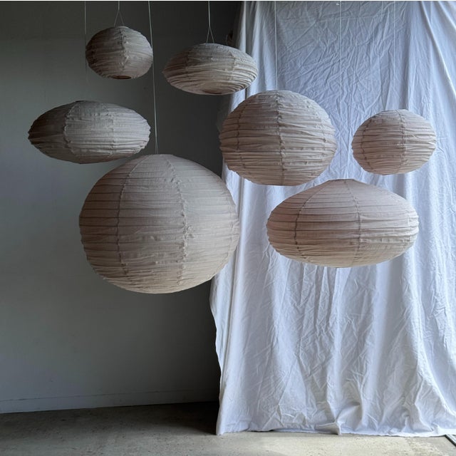Large Japanese Style Oval Flattened Pink Rattan and Natural Linen Pendant Light, 1980s For Sale - Image 13 of 18