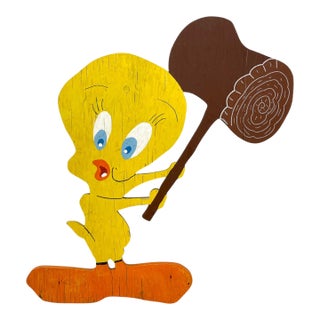 Vintage Hand-Painted Tweety Bird Wooden Cutout Sign With Mallet For Sale