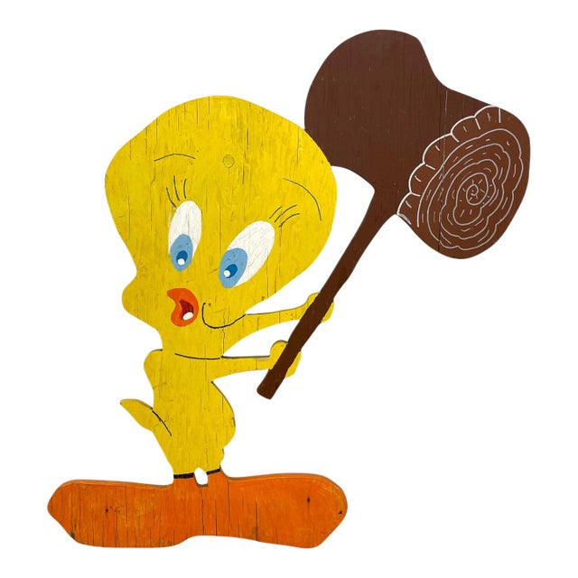 Vintage Hand-Painted Tweety Bird Wooden Cutout Sign With Mallet For Sale