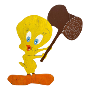 Vintage Hand-Painted Tweety Bird Wooden Cutout Sign With Mallet