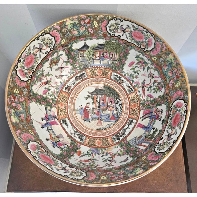 Wood Mid Century Chinese Export Rose Medallion Punch Bowl on Wood Stand For Sale - Image 7 of 11