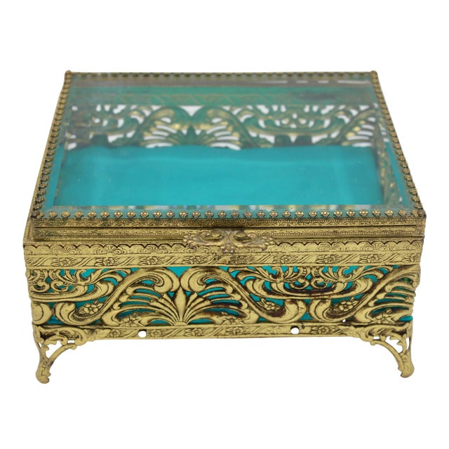 Antique French Art Nouveau Brass Beveled Glass Jewelry Box For Sale