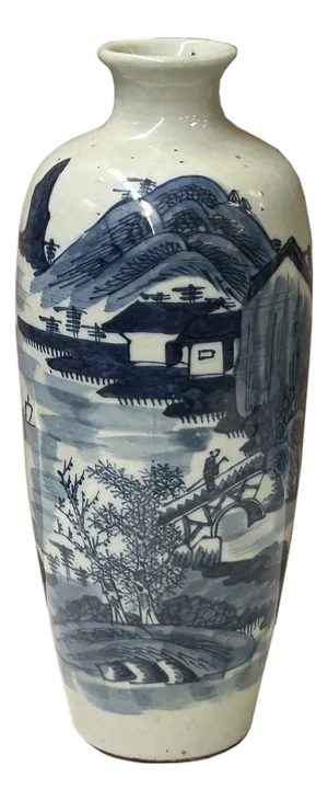 Oriental Small Blue White Calligraphy Scenery Graphic Porcelain Art Vase