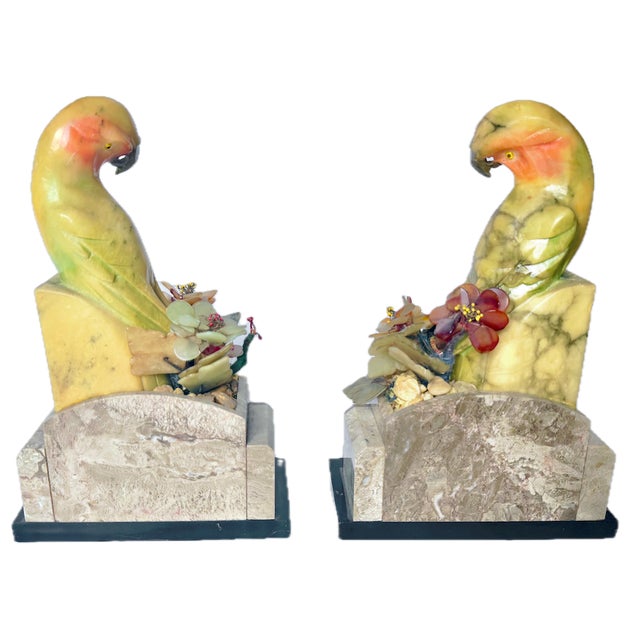 Early 20th Century Pair Art Deco Jadeite & Multi-Stone Parrot Bookends For Sale - Image 5 of 18