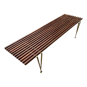 1960s Mid Century Brass + Walnut Slat Bench by Hugh Acton