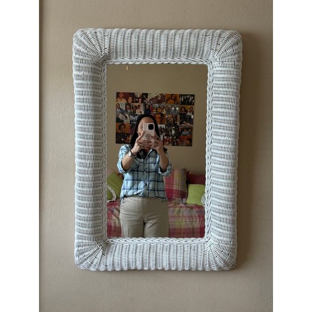Shabby Chic Vintage 1980s White Wicker Rattan Framed Wall Mirror For Sale - Image 3 of 3