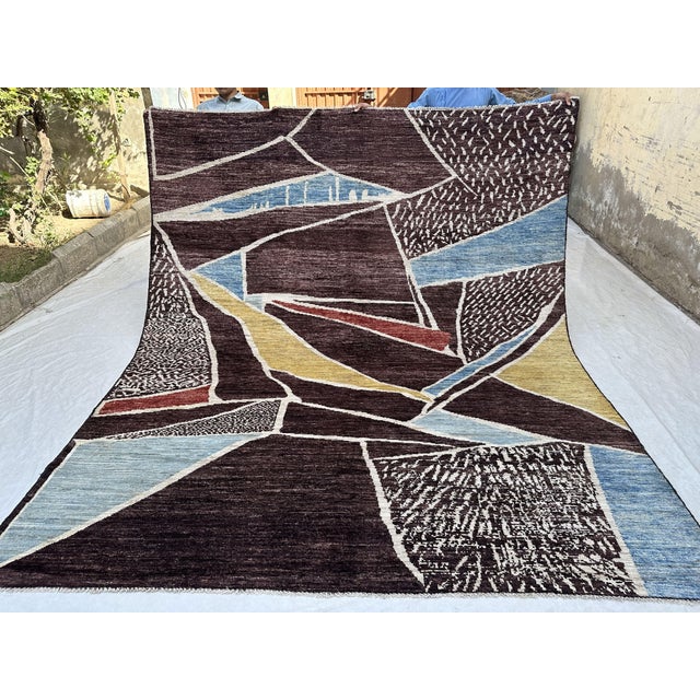 Modern Abstract Handmade Wool Rug in Burgundy and Blue For Sale - Image 6 of 8