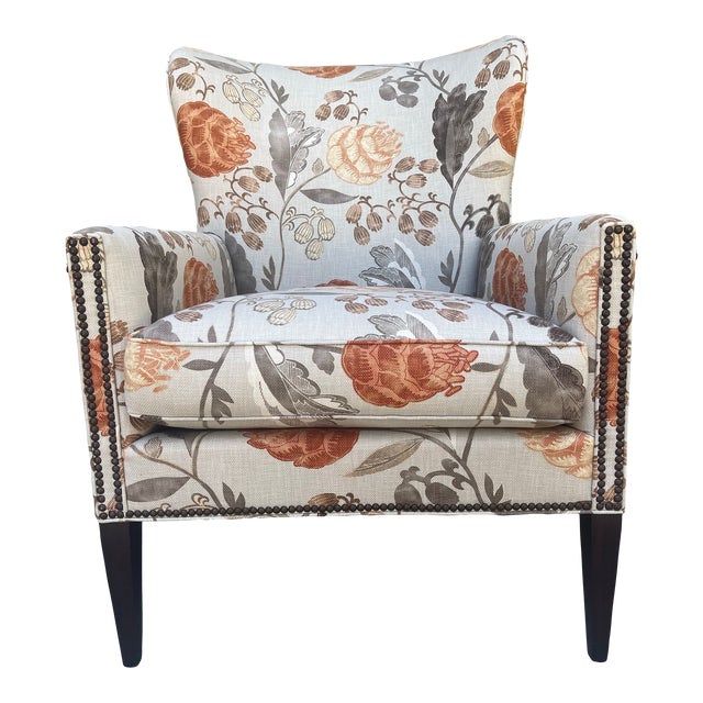 Hickory Chair Floral Coral Taupe Wingback Accent Chair For Sale