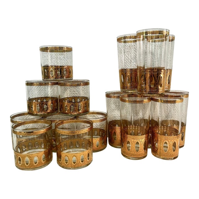 Mid 20th Century Culver LTD “Antigua” 22kt Gold Barware Glasses - A Set of 16 For Sale
