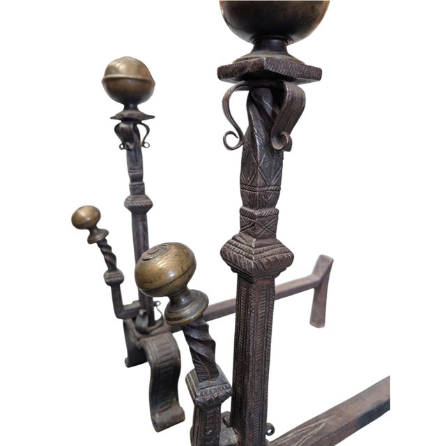 Antique Spanish Revival Brass and Wrought Iron Fireplace Andirons – Pair For Sale In San Francisco - Image 6 of 7
