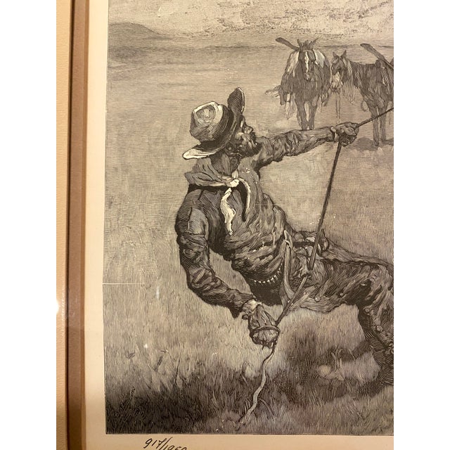 A beautifully detailed, limited-edition wood engraving after Frederic Remington's 1890 illustration Teaching a Mustang...