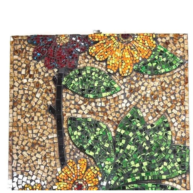 Fine micro mosaic art glass floral design hanging wood panel. Hand-crafted colorful flower design in red, gold yellow,...